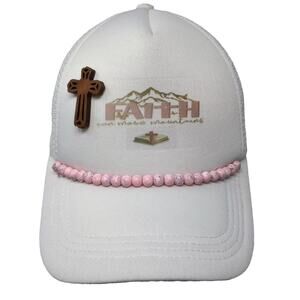 Hobby Lobby Trucker Hat White Pink OS Snapback Faith Cross Beads Adjustable